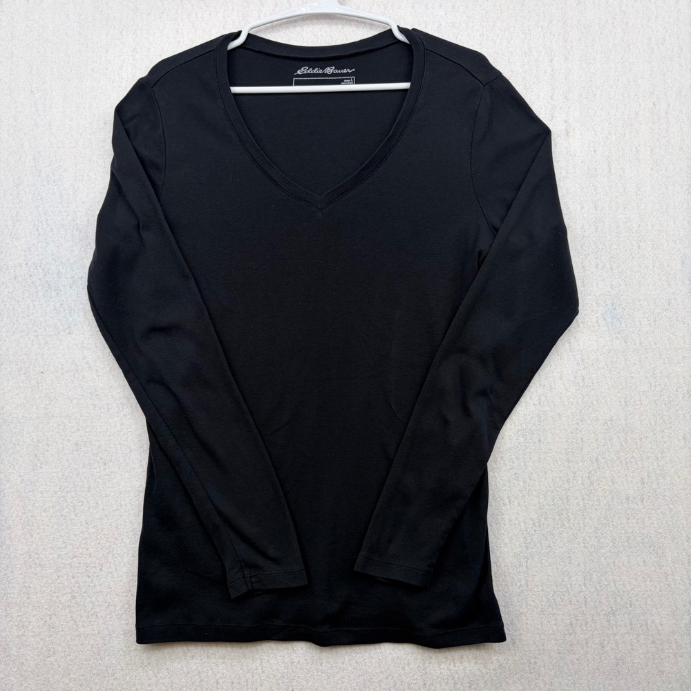 Eddie Bauer Womens Black V-Neck Long Sleeve Cotton T-Shirt Size L